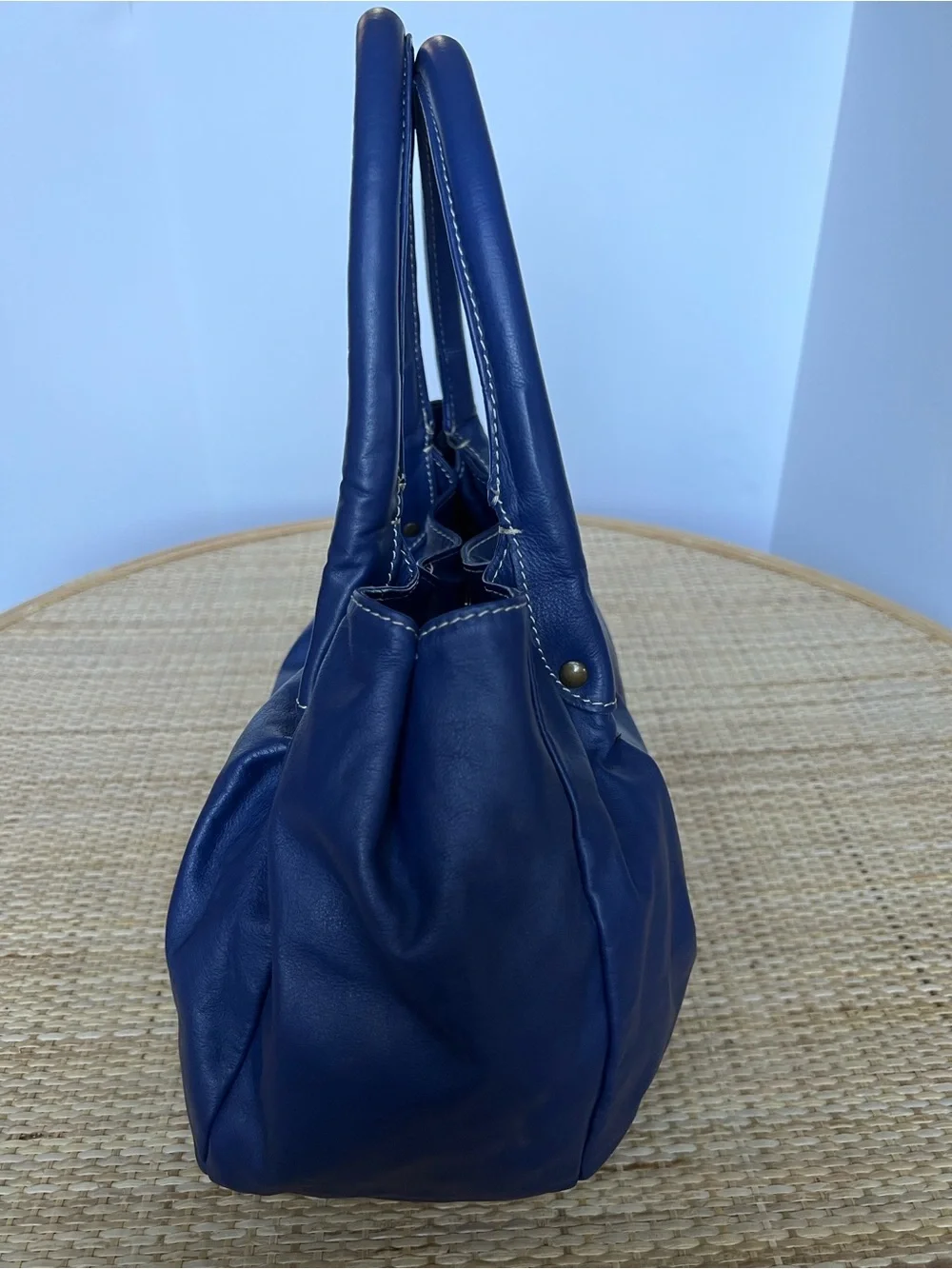 Boden Blue Leather Hobo Slouch Shop Tote Bag 100% Cotton Lining Vintage 90s Y2K